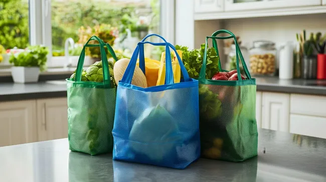 Nachhaltige Einkaufstaschen mit frischen Bio-Lebensmitteln