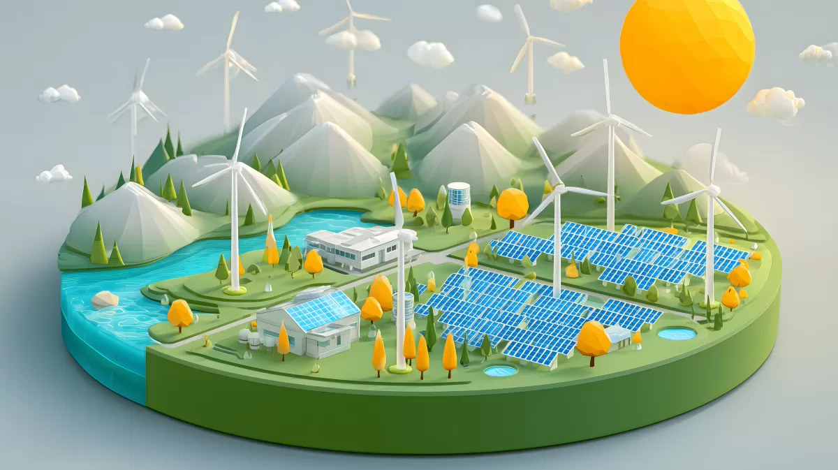 Nachhaltige Energiewende: Idyllische Berglandschaft mit Windrädern und Solarpaneelen