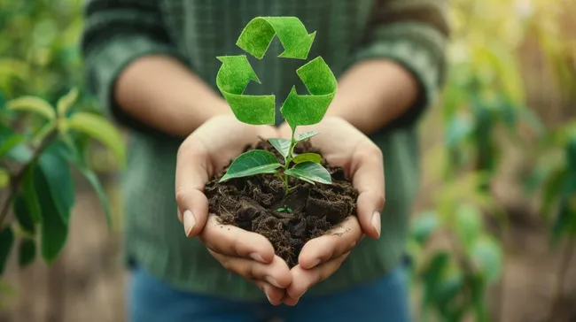 Nachhaltige Entwicklung - Recycling-Symbol und Pflanze in Händen