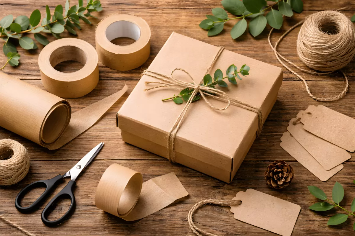 Nachhaltige Geschenkverpackung mit Kraftpapier und Naturdekor