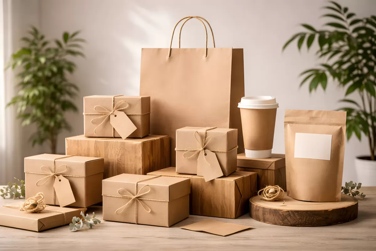 Nachhaltige Kraftpapier-Verpackungen auf Holzuntergrund