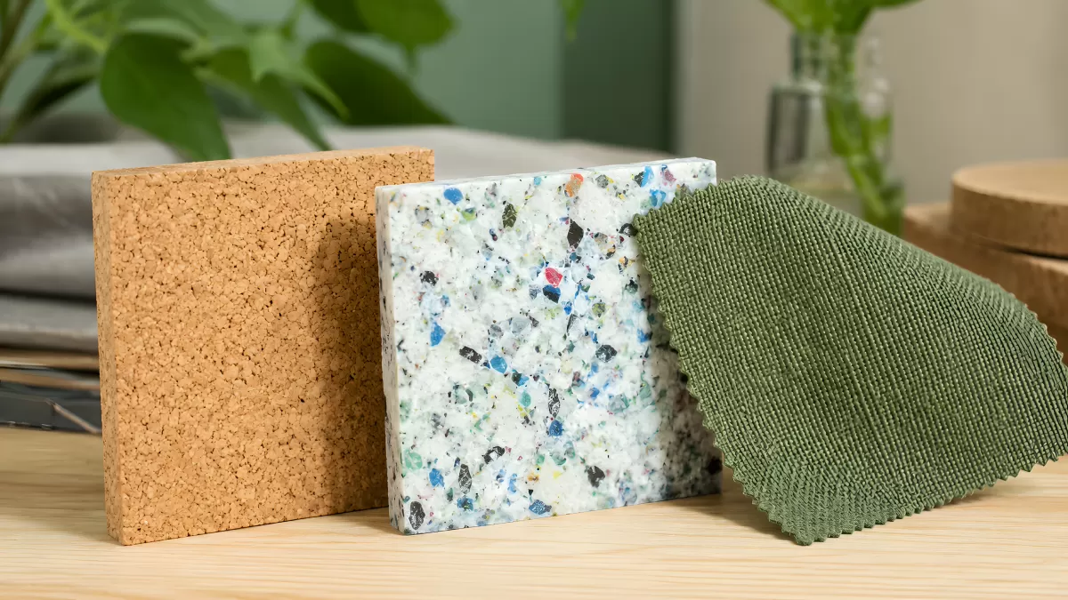 Nachhaltige Materialproben aus Kork, Recycling und Stoff