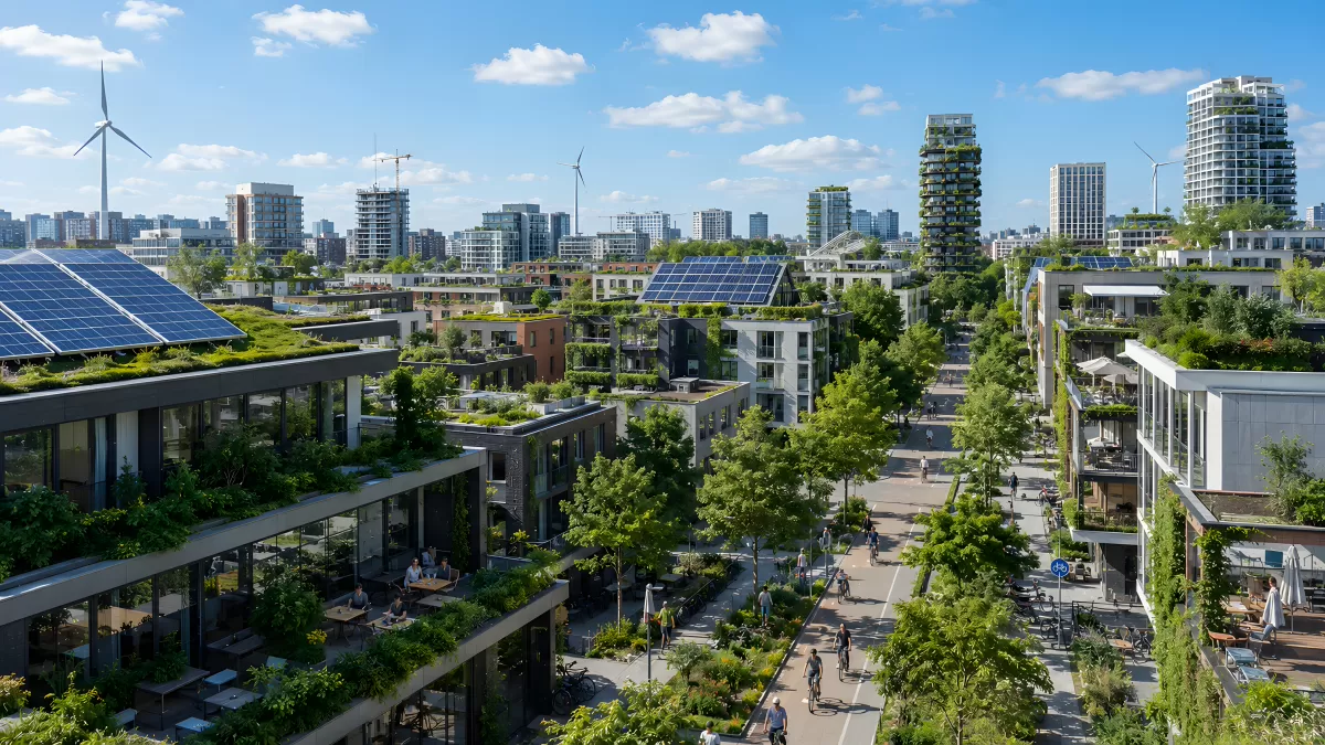 Nachhaltige Stadt mit Solaranlagen und Grünflächen — Bild kostenlos herunterladen