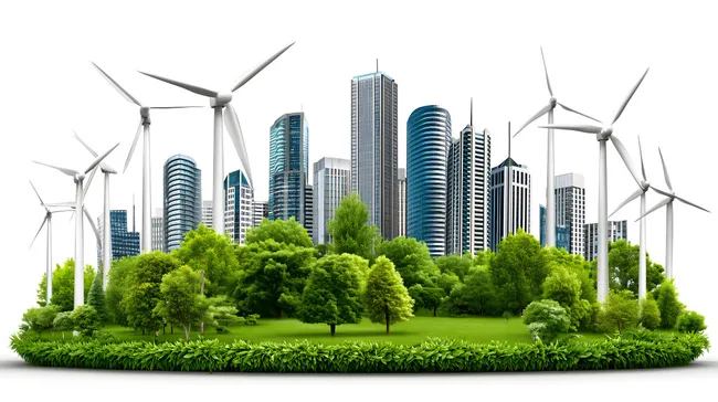 Nachhaltige Stadt mit Windrädern und grüner Natur