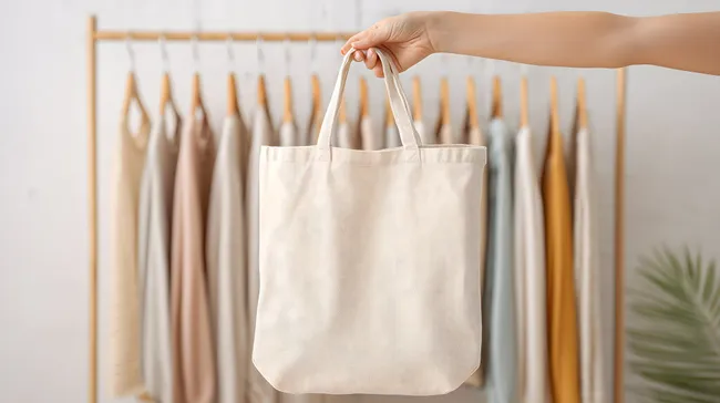 Nachhaltige Stofftasche als Mode-Mockup vor Kleiderstange