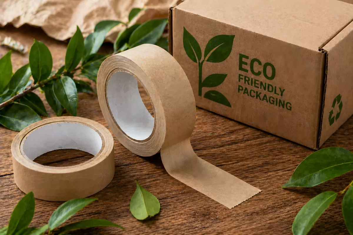 Nachhaltige Verpackung mit Kraftpapierklebeband und Karton