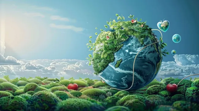 Nachhaltige Welt mit grünen Herzen und Wolken