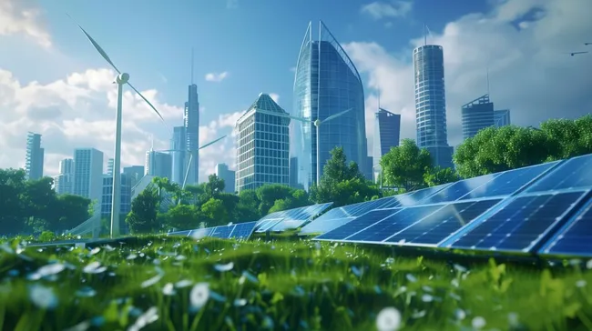 Nachhaltige Wolkenkratzerstadt mit Wind- und Solarenergie