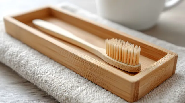 Nachhaltige Zahnbürste in Holzschale auf Handtuch
