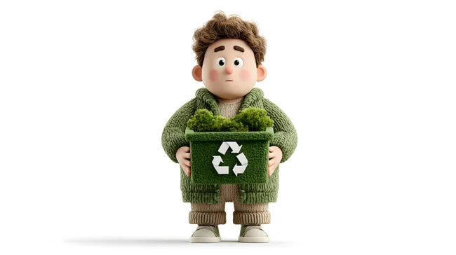 Nachhaltiger Lebenssti: junger Mann mit Recyclingbox und Pflanzen