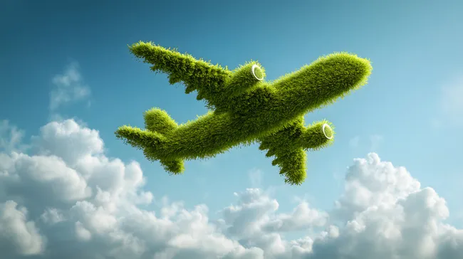 Nachhaltiges Flugzeug aus Gras vor Wolkenhimmel
