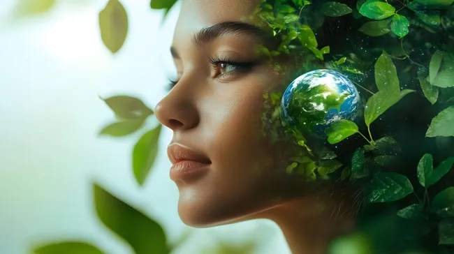 Nachhaltiges Porträt einer Frau umgeben von Pflanzen und Erde
