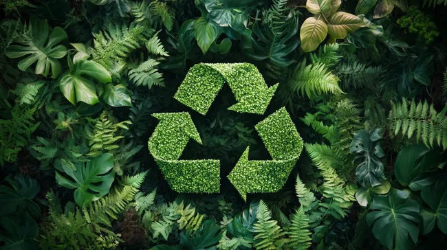 Nachhaltiges Recyclingsymbol vor tropischer Blätterkulisse