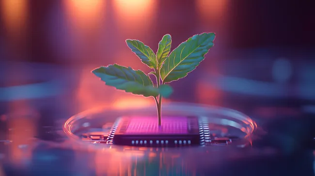 Nachhaltigkeit in der Hightech-Welt - Grünes Blatt auf Mikrochip