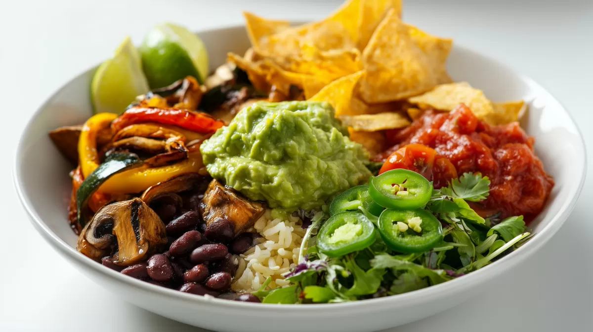 Nacho Bowl mit Bratgemüse Reis und schwarzen Bohnen