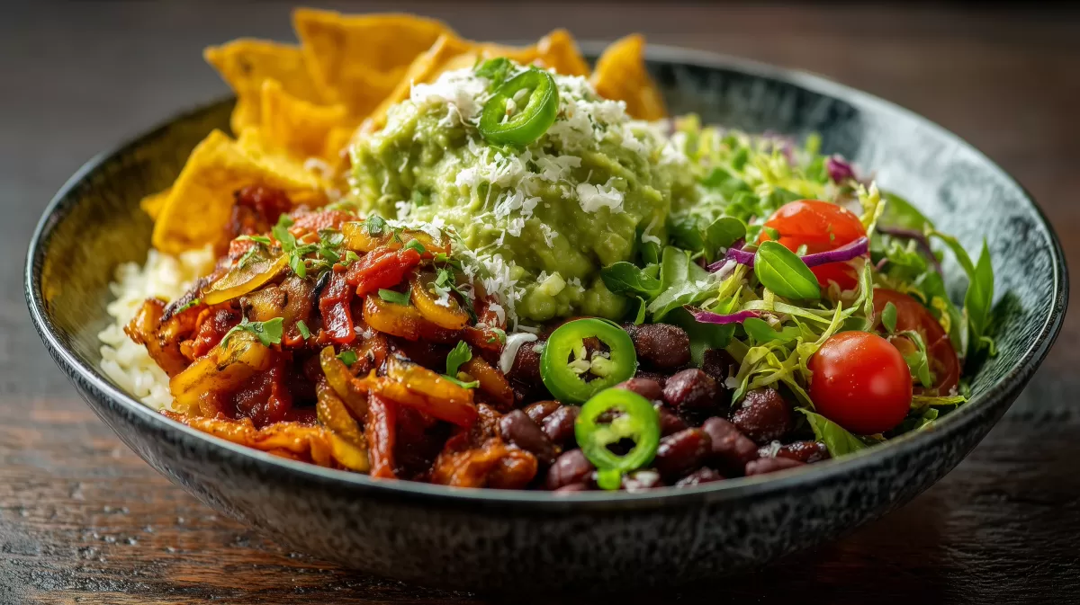 Nacho-Bowl mit Bratgemüse, schwarzen Bohnen und Guacamole