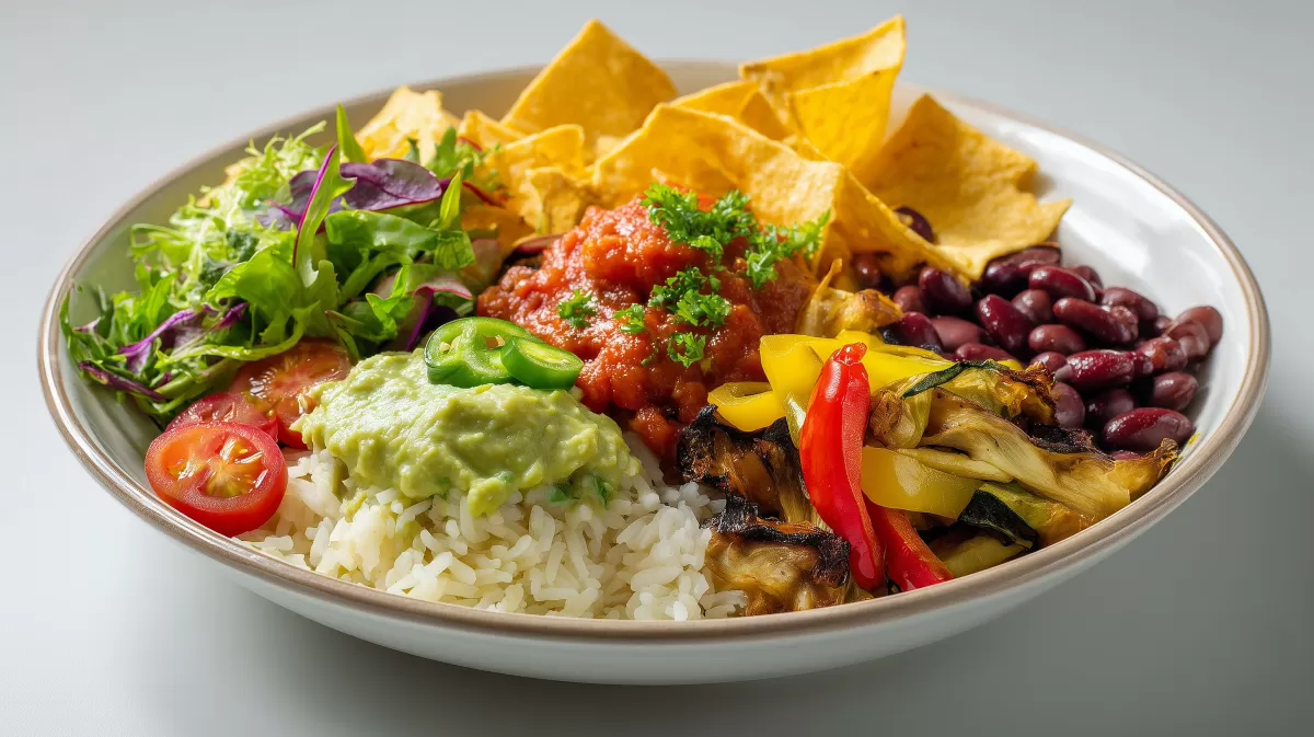 Nacho Bowl mit Reis, Guacamole und Bratgemüse