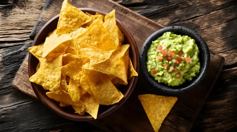 Nachos mit Guacamole in schwarzer Schale auf rustikalem Brett