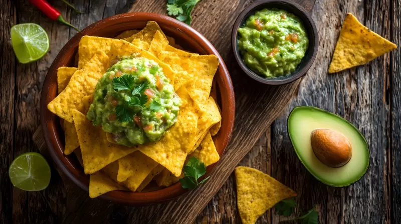 Nachos mit Guacamole und frischer Avocado auf Holztisch