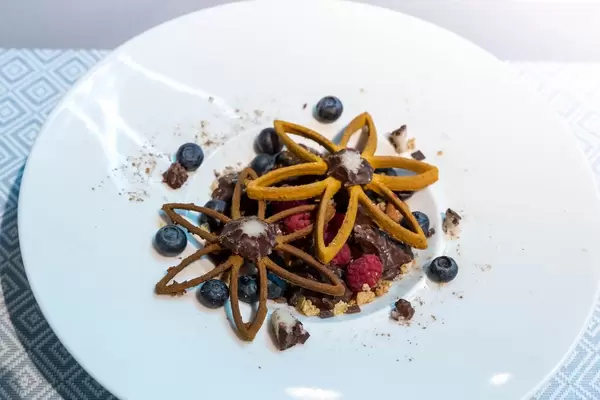 Nachspeise mit Heidelbeeren, Himbeeren und Schokolade mit schönem Gebäck in Blütenform