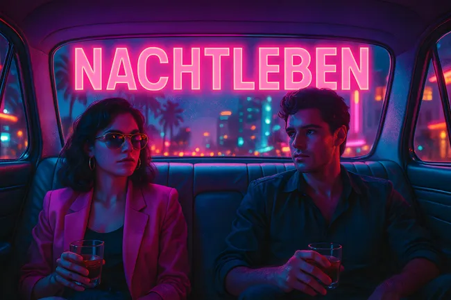 Nachtleben im Retro-Auto mit Paar und Neonlicht-Schriftzug
