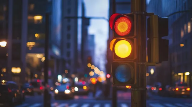 Nachts illuminierte Stadtampel in Großstadt