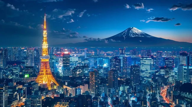 Nachtskape von Tokio mit Eiffelturm und Mt. Fuji