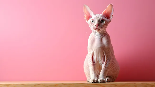 Nacktkatze Cornish Rex vor rosa Hintergrund