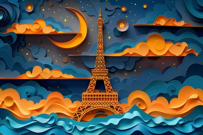 Nächtliche Pariser Skyline mit Eiffelturm und Mond