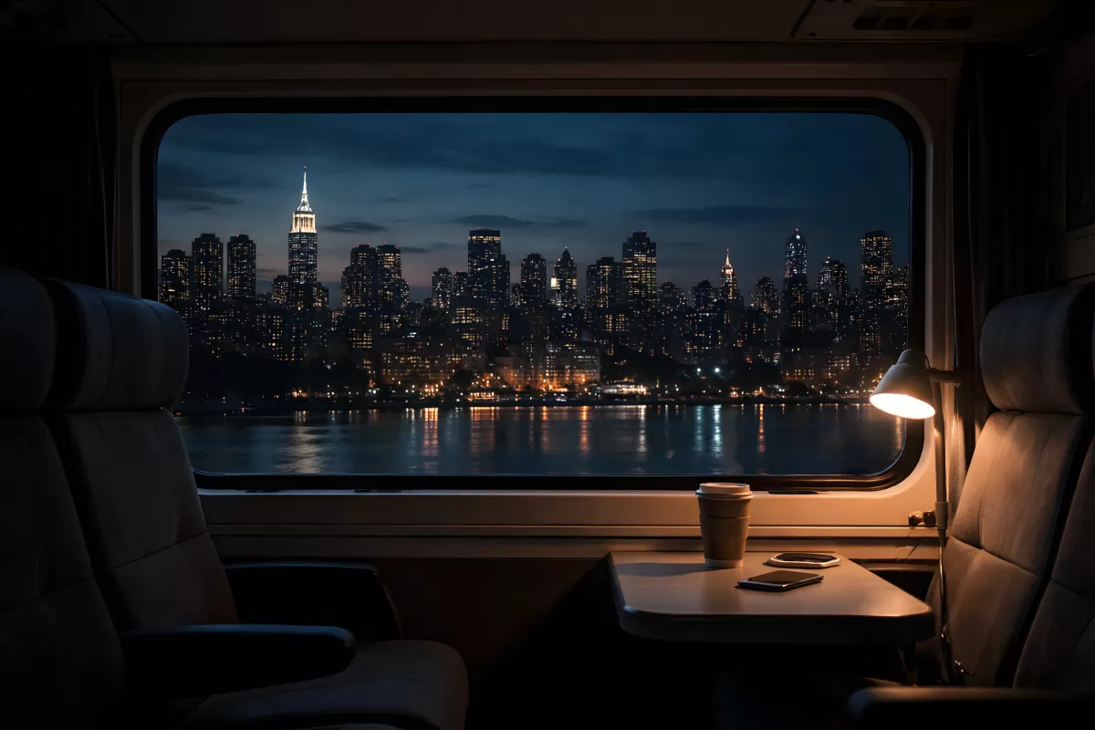 Nächtliche Skyline durch Zugfenster mit Kaffeebecher