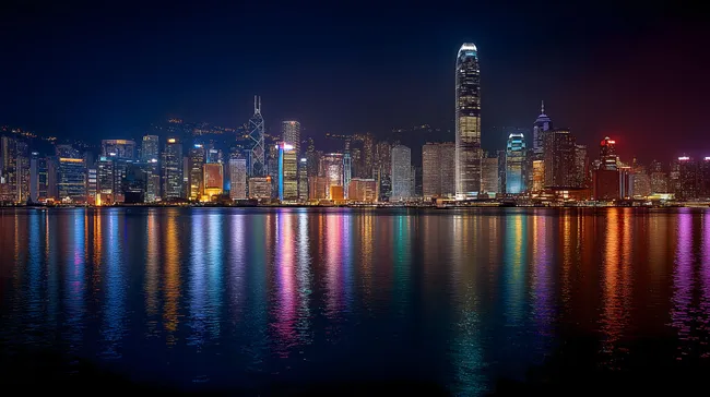 Nächtliche Skyline von Hong Kong mit Spiegelung im Wasser