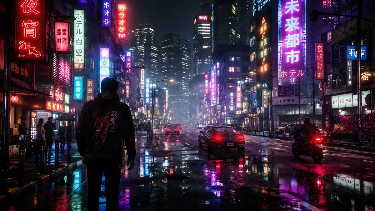 Nächtliche Stadtstraße in Japan mit Neonreklamen im Regen