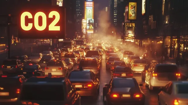 Nächtliche Stadtverkehrsszene mit CO2-Schild