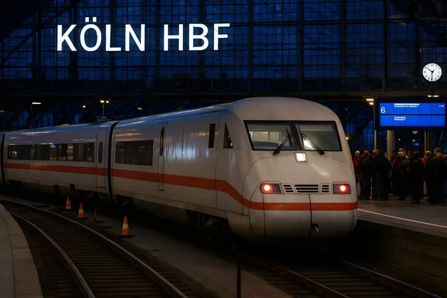 Nächtlicher Bahnsteig am Kölner Hauptbahnhof mit ICE-Zug