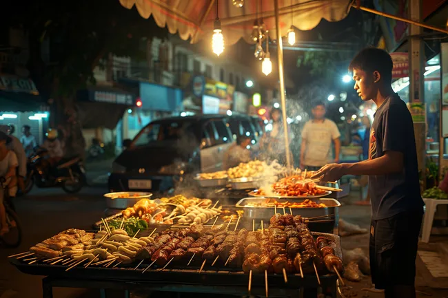 Nächtlicher Marktstand mit exotischen Speisen