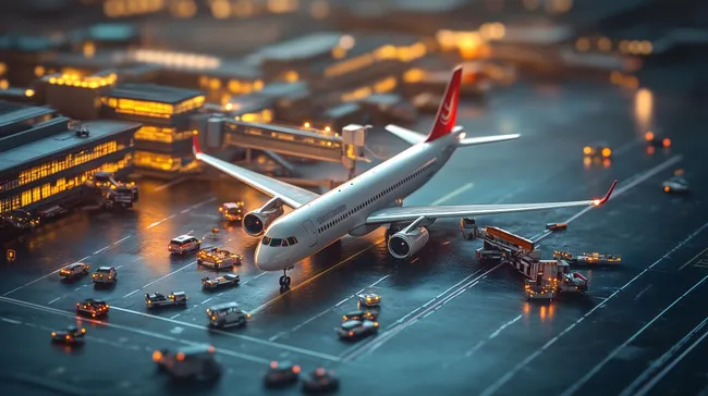 Nächtlicher Miniaturflughafen mit beleuchtetem Flugzeug