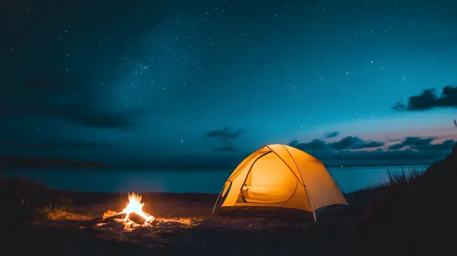 Nächtliches Campingzelt am Meer unter Sternenglanz