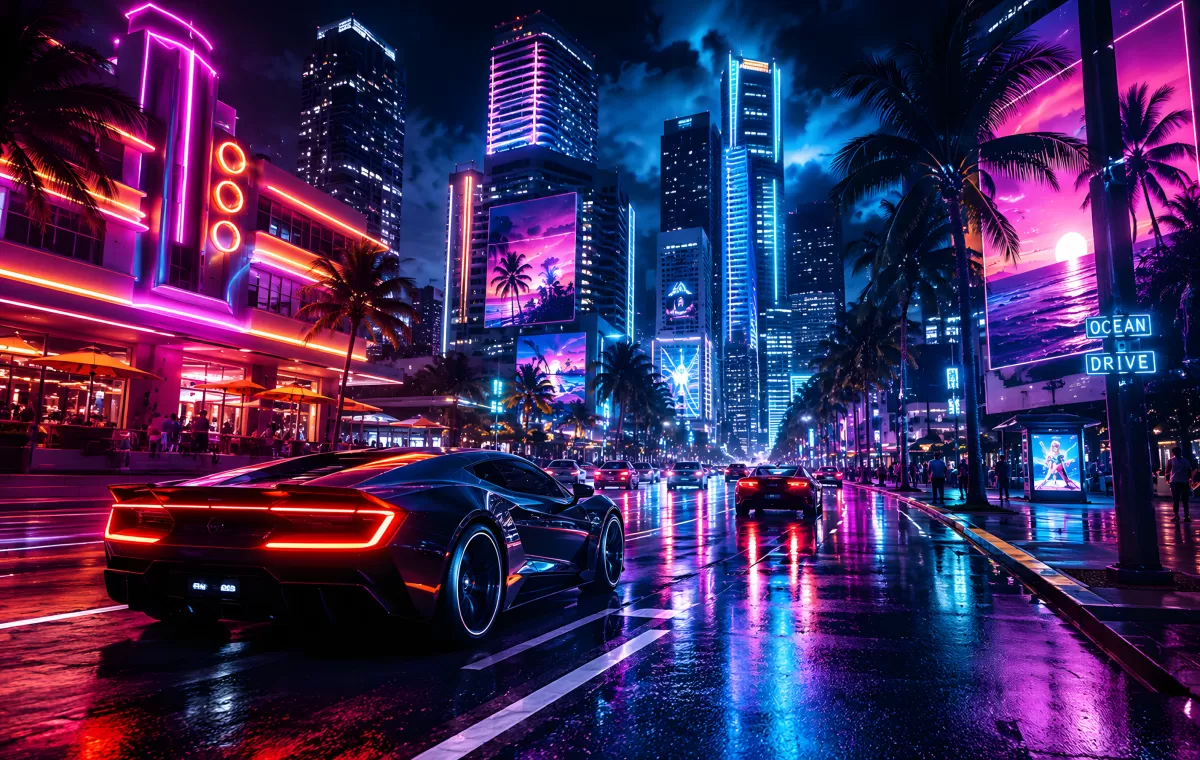 Nächtliches Miami mit Neonlichtern auf regennasser Straße