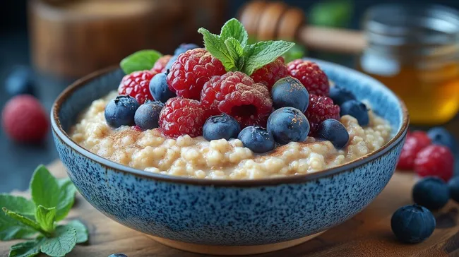 Nährstoffreiche Frühstücksschüssel mit Beeren und Minze
