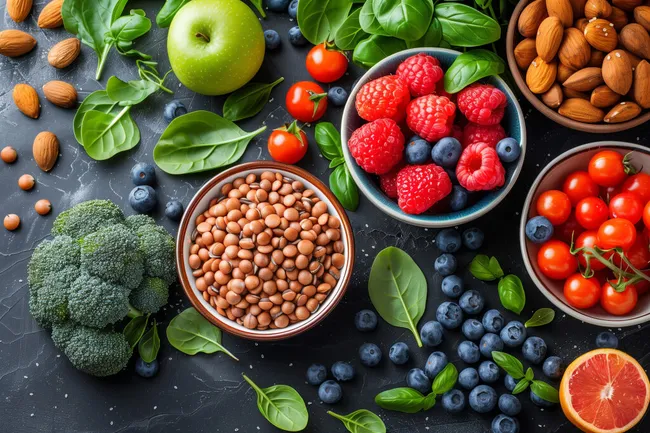 Nährstoffreiche pflanzliche Lebensmittel auf schwarzem Hintergrund