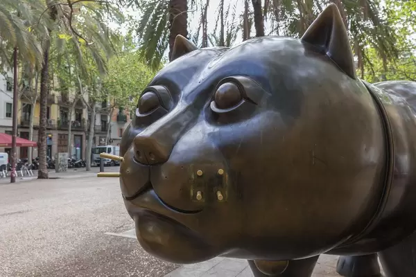 Nahaufnahme der dicken Katzenstatue El Gato de Botero mit Schnurrbarthaare  am Rambla de Raval Platz in Barcelona, Spanien