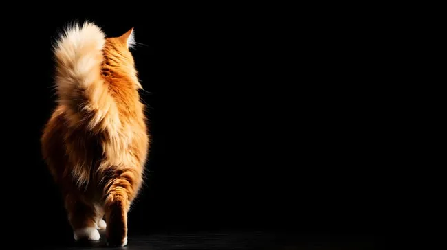 Nahaufnahme der Rückansicht einer roten Katze auf schwarzem Hintergrund