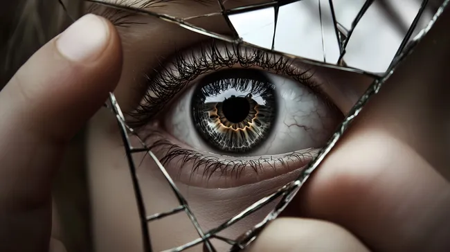 Nahaufnahme des Auges im zerbrochenen Spiegel