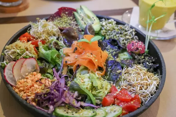 Nahaufnahme des bunten Salats "Ensalada del Sol" mit Radieschen und Sauerkrautsprossen im Petit Brot Restaurant in Barcelona, Spanien