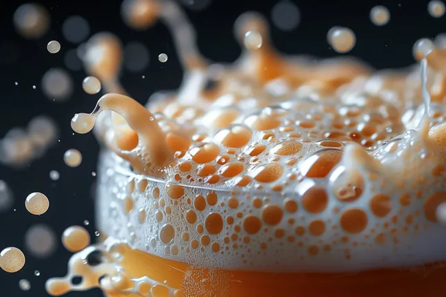 Nahaufnahme des feinperligen Bierschaums auf dunklem Hintergrund