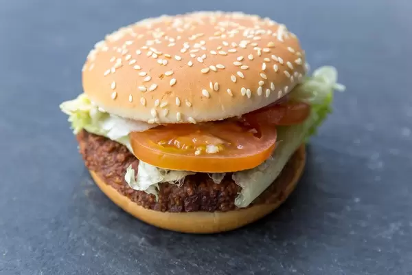 Nahaufnahme des fleischlosen Burger "Big Vegan TS" von McDonalds auf dunklem Untergrund mit Sojabratling, Weizeneiweiß, Blattsalat und Sesam