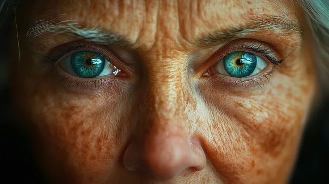 Nahaufnahme einer älteren Frau mit intensiven blauen Augen