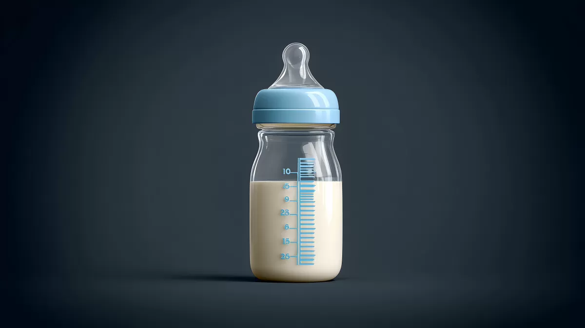 Nahaufnahme einer Babyflasche mit Milch und blauem Deckel