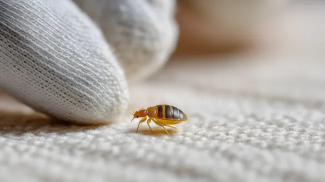 Nahaufnahme einer Bettwanze auf grauem Stoff