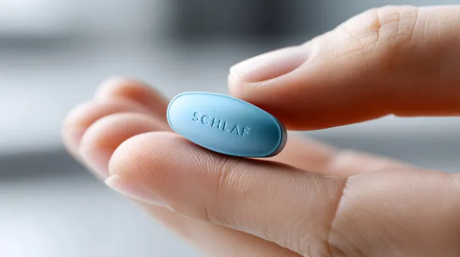 Nahaufnahme einer blauen Schlaftablette mit Aufdruck